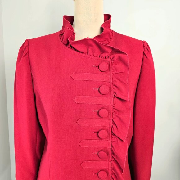 Tahari Crimson Red Ruffle Neck Military Button Coat Size 8 - Picture 7 of 13